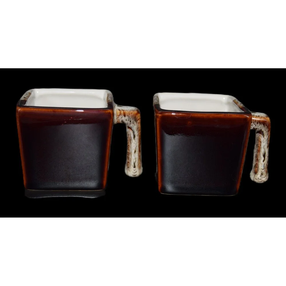 Vintage Pier 1 Tri Color Square Espresso Mugs Set of 2 Brown White Stoneware